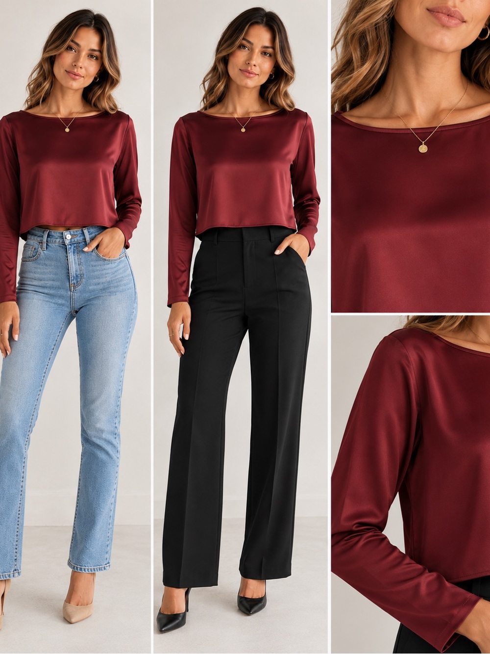 Antonio Melani Burgundy Satin Boat Neck Cropped Blouse Size Small